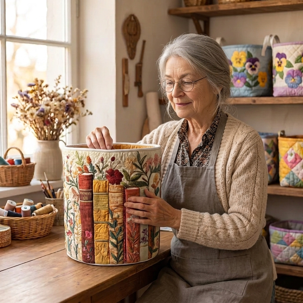 Lien met de gewatteerde wasmand Boekentuin in haar naaiatelier