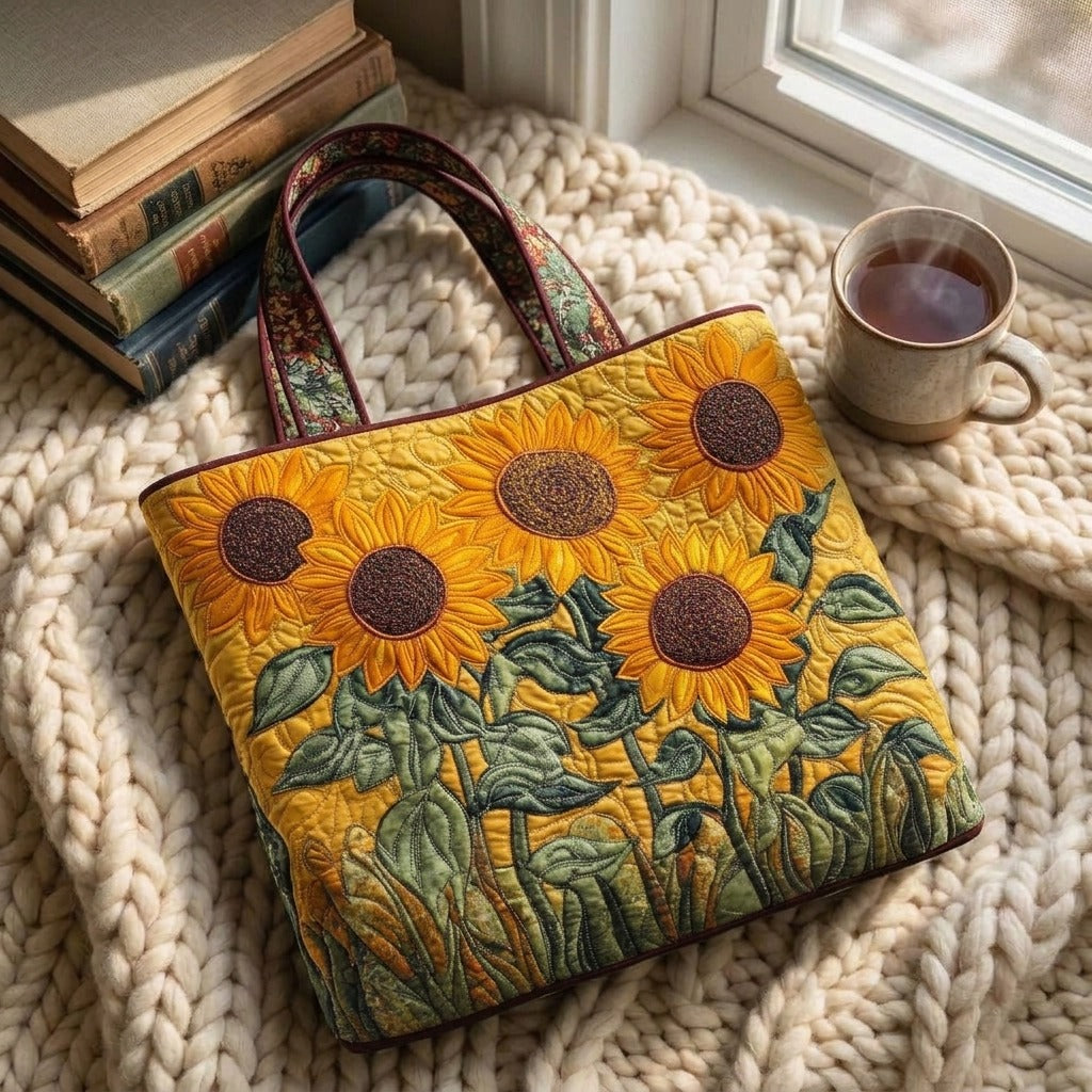 Zonnebloemvelden Klassieke Gewatteerde Tas – draagtas op een gebreide deken met koffie bij het raam