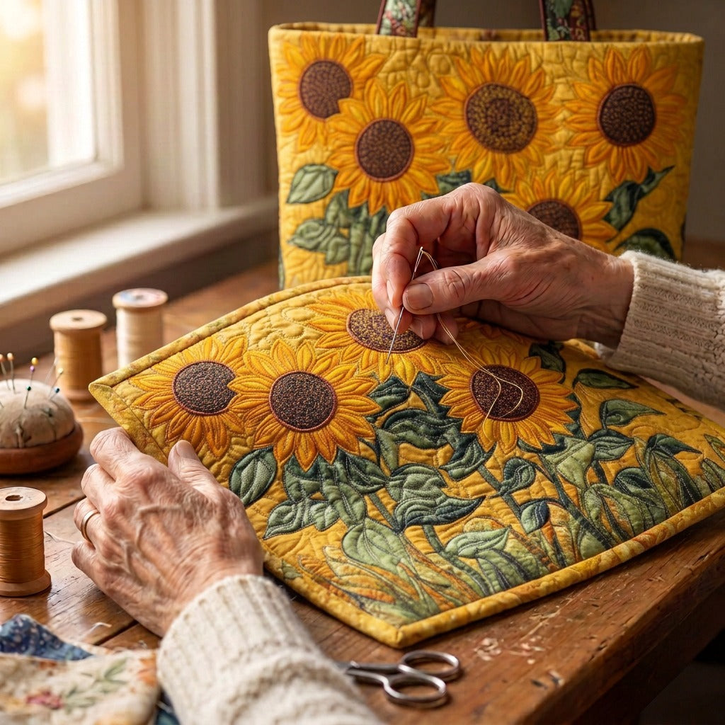 Zonnebloemvelden Klassieke Gewatteerde Tas – wordt met de hand gequilt aan de ateliertafel