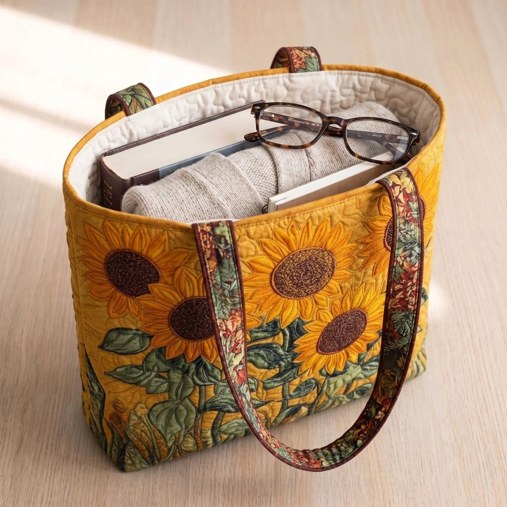 Soleil d'Été Tote Bag Matelassé – sac rempli d’un livre, d’un gilet et de lunettes