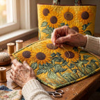 Soleil d'Été Tote Bag Matelassé – matelassé à la main sur la table de l’atelier