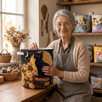 Lien avec le panier à linge matelassé Pattes sous les étoiles dans son atelier de couture