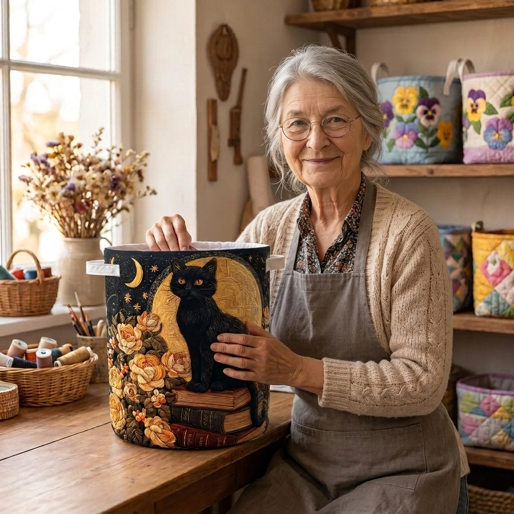 Lien avec le panier à linge matelassé Pattes sous les étoiles dans son atelier de couture