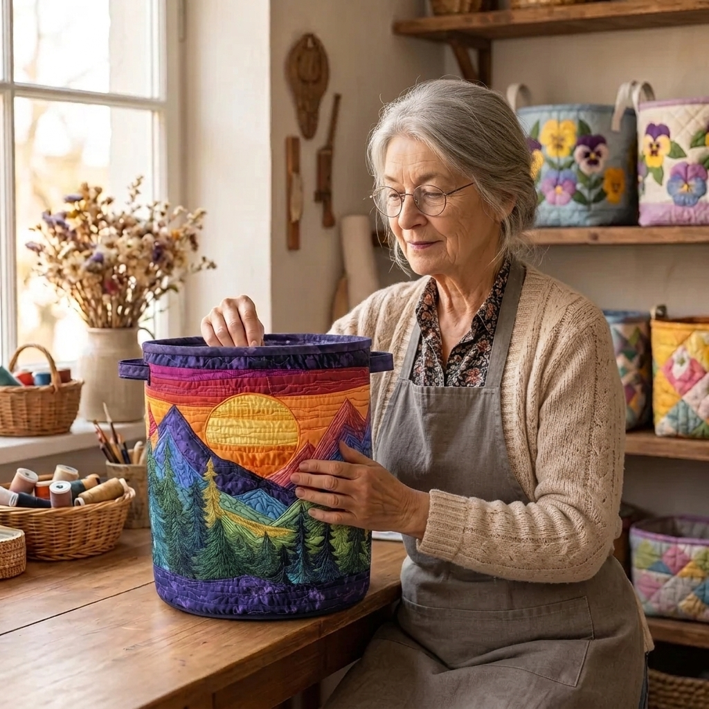 Lien met de gewatteerde wasmand Gouden toppen in haar naaiatelier