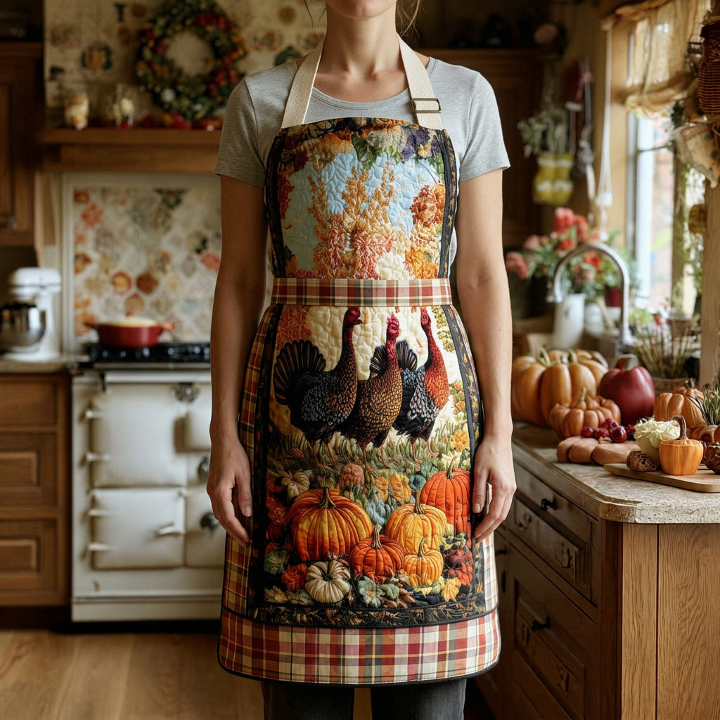 Tablier de cuisine matelassé Festin Campagnard porté dans la cuisine