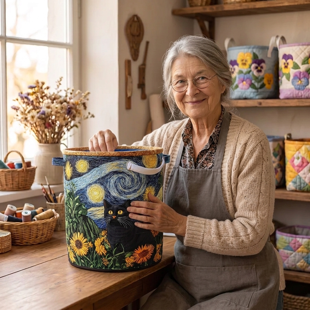 Lien avec le panier à linge matelassé Chat malin dans son atelier de couture