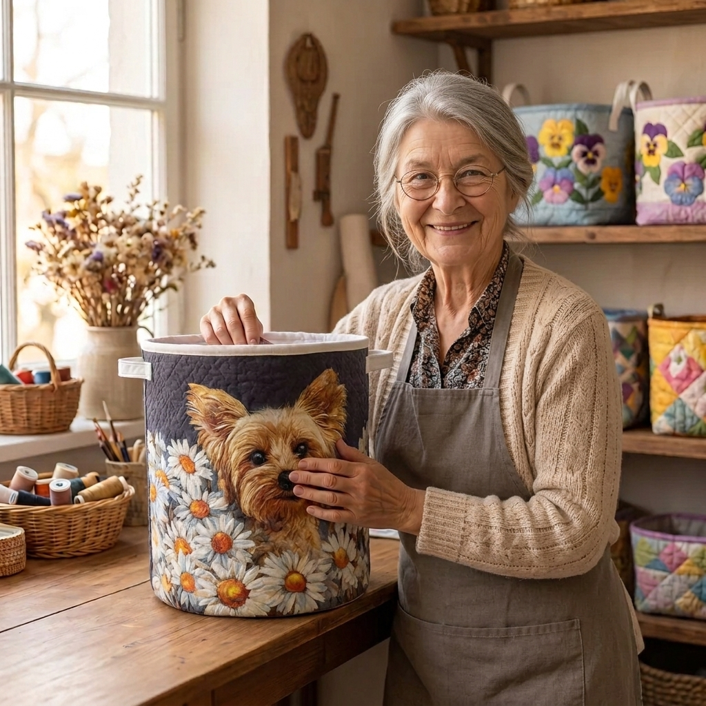 Lien met de gewatteerde wasmand Yorkshire in bloemen in haar naaiatelier