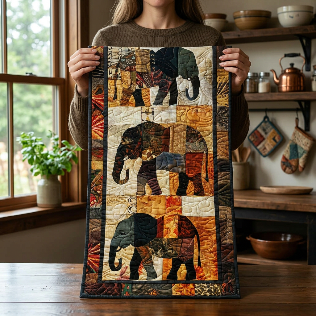 Chemin de table matelassé Éléphant Royal présenté dans une cuisine chaleureuse
