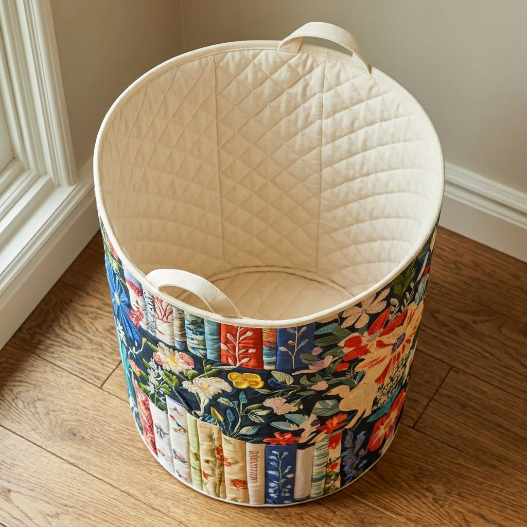 Panier à linge matelassé Histoires en fleurs, vide, avec sa doublure matelassée crème