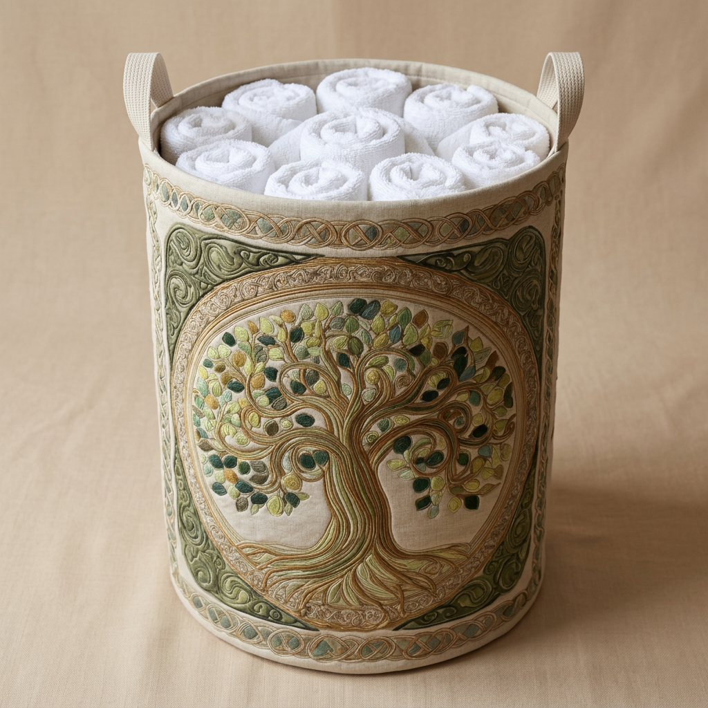 Gewatteerde wasmand Mystieke boom gevuld met opgerolde witte handdoeken