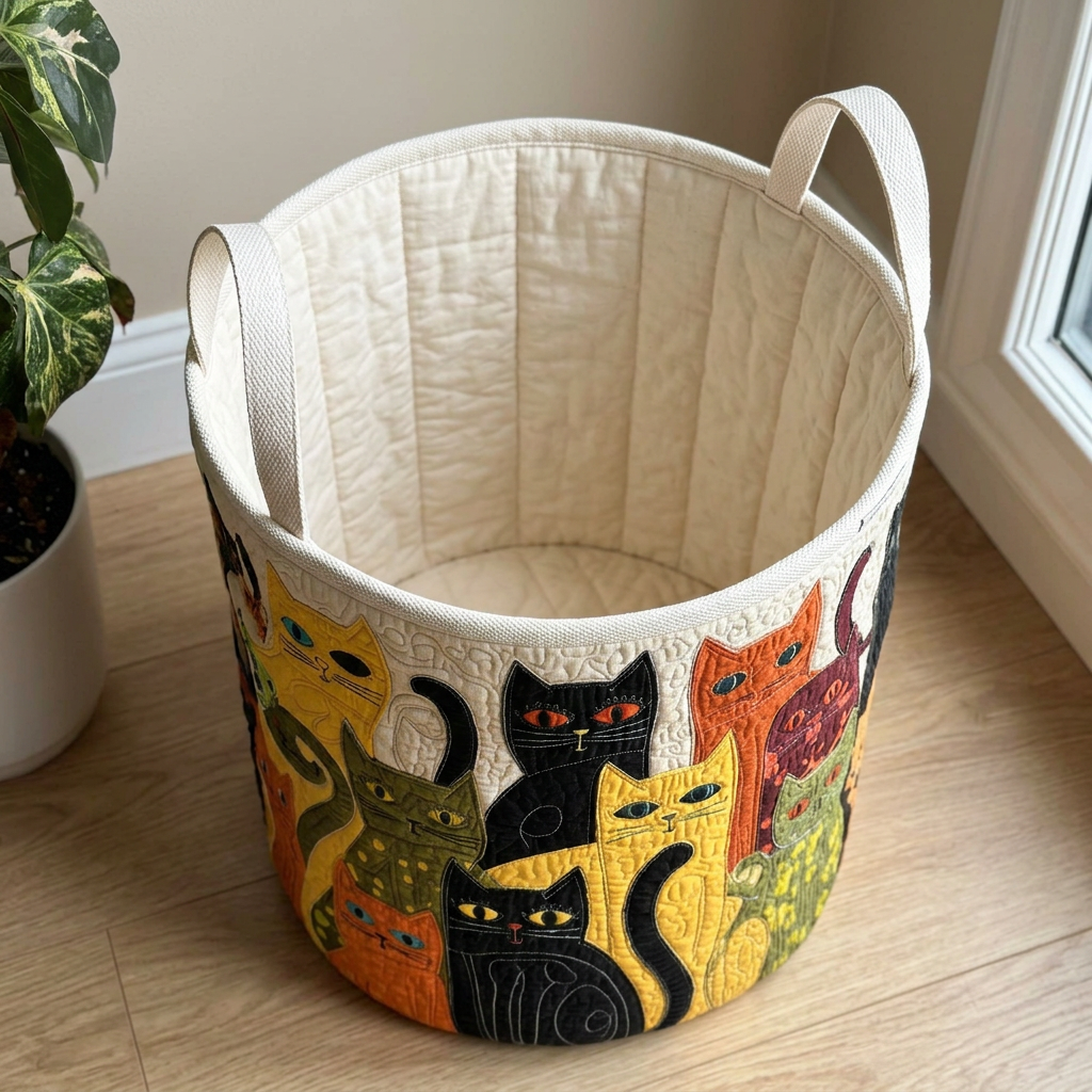 Gewatteerde wasmand Knus kattenfeest, leeg, met de zachte crèmekleurige gewatteerde binnenkant