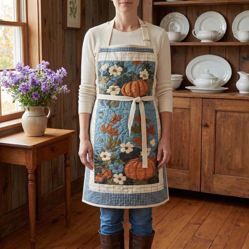 Tablier de cuisine matelassé Récolte Douillette porté dans la cuisine