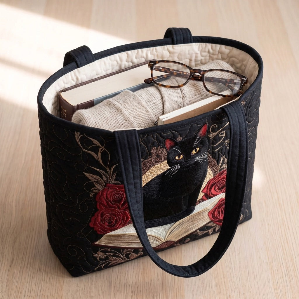 Noir Élégance Sac Matelassé – sac rempli d’un livre, d’un gilet et de lunettes