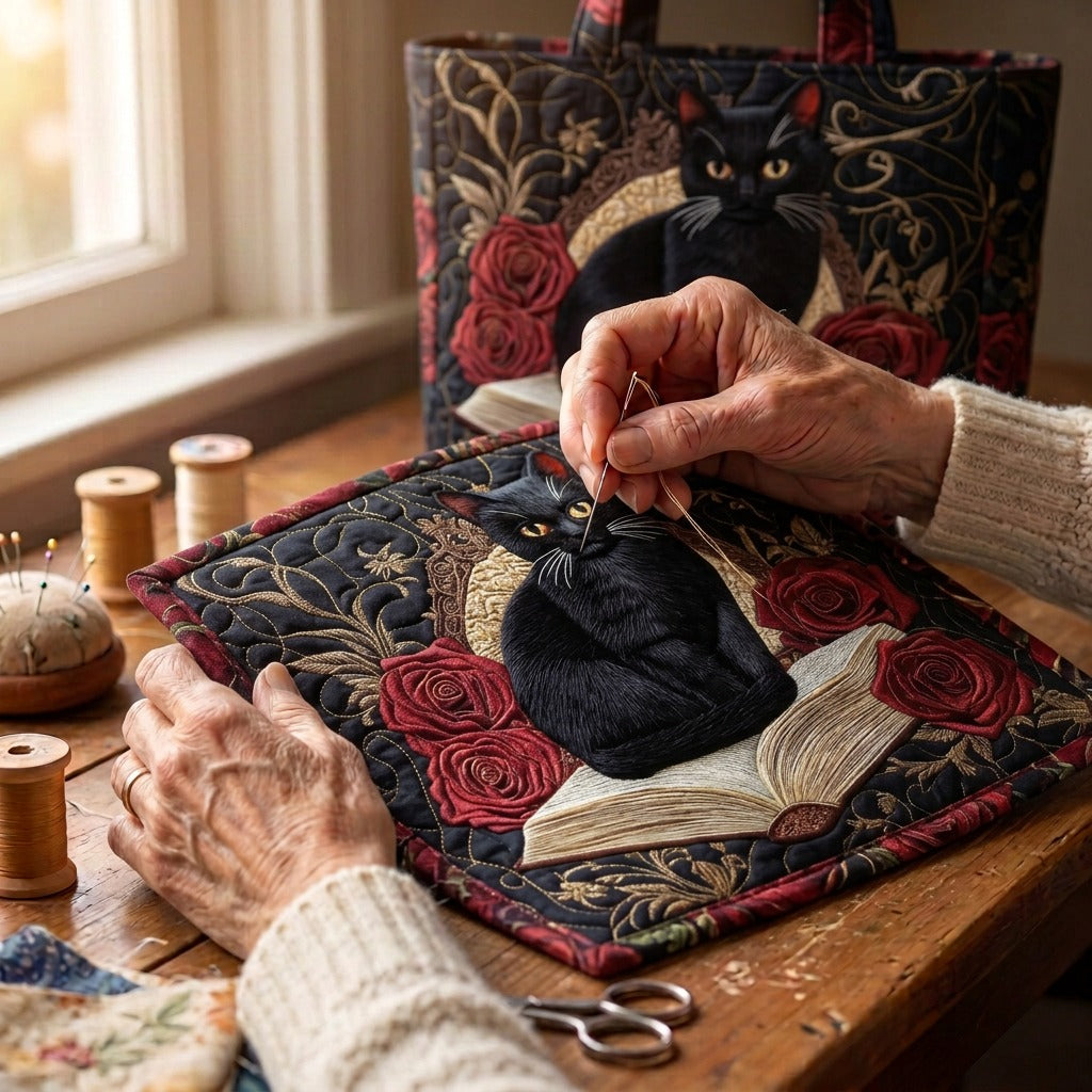 Noir Élégance Sac Matelassé – matelassé à la main sur la table de l’atelier