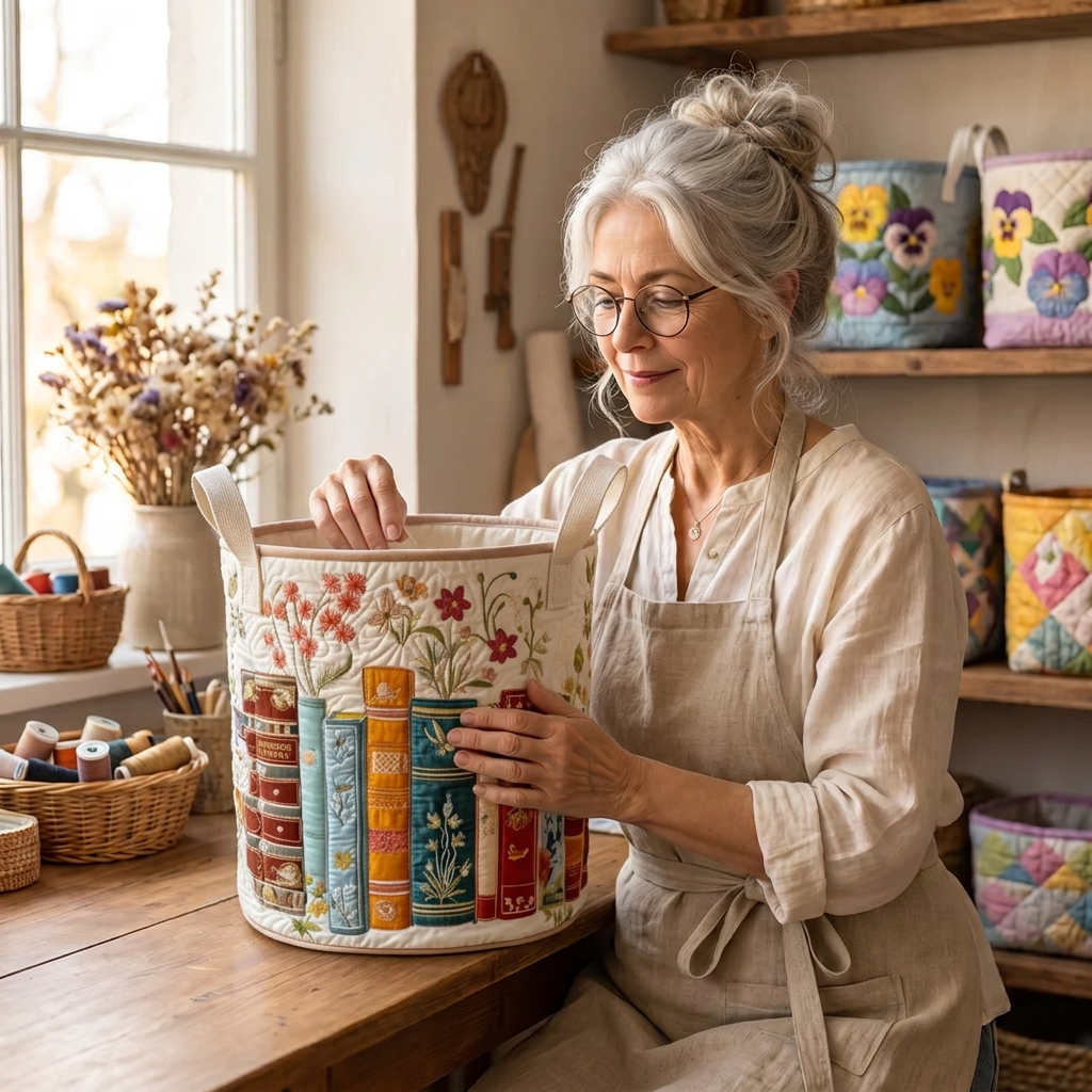 Lien met de gewatteerde wasmand Wegdromen in verhalen in haar naaiatelier