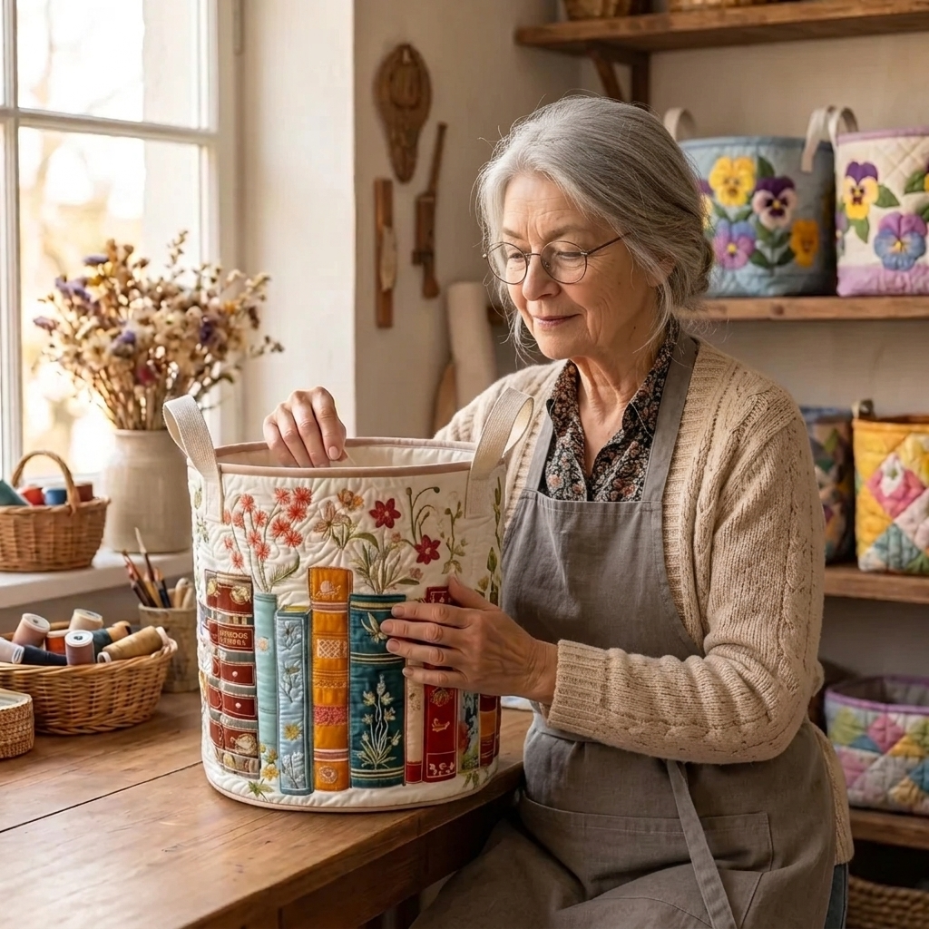 Lien met de gewatteerde wasmand Wegdromen in verhalen in haar naaiatelier