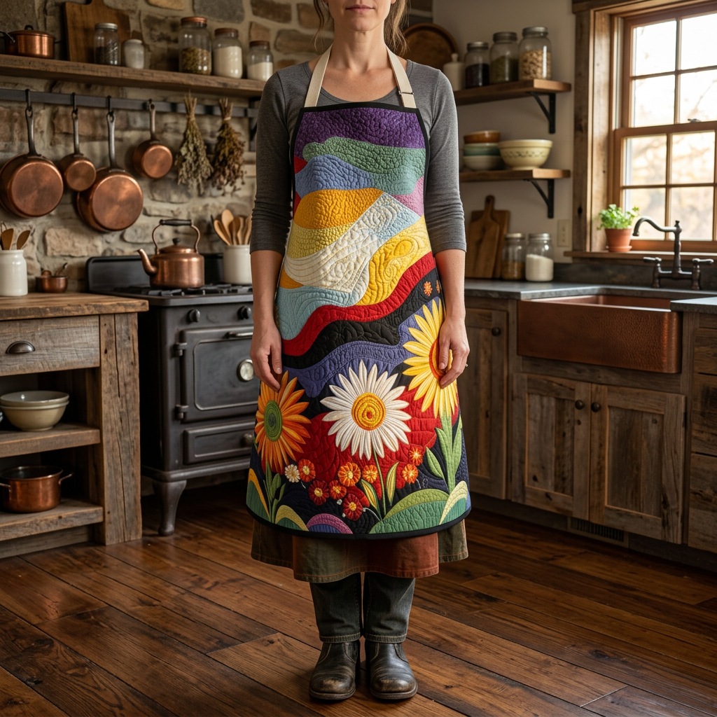 Tablier de cuisine matelassé Sérénade aux Tournesols porté dans la cuisine