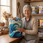 Lien avec le panier à linge matelassé Douce écume dans son atelier de couture