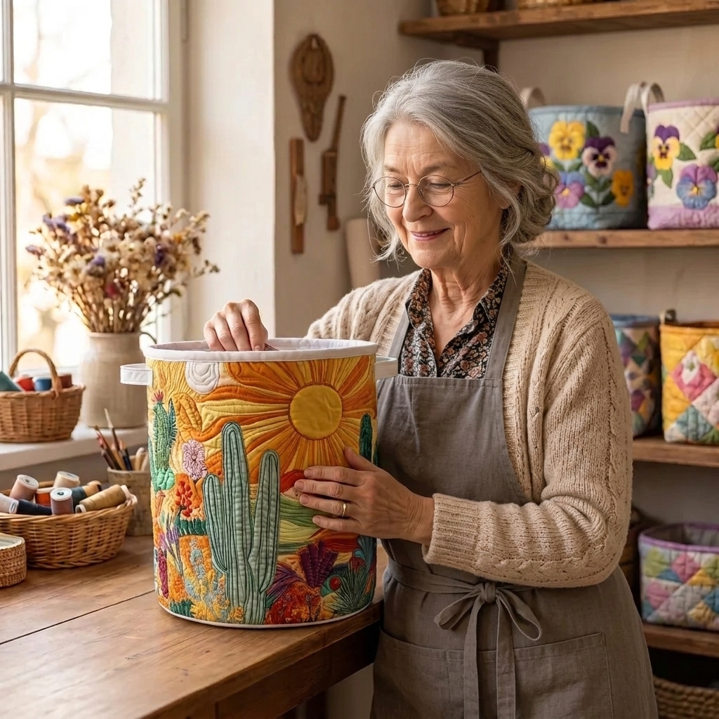 Lien met de gewatteerde wasmand Dageraad in de woestijn in haar naaiatelier