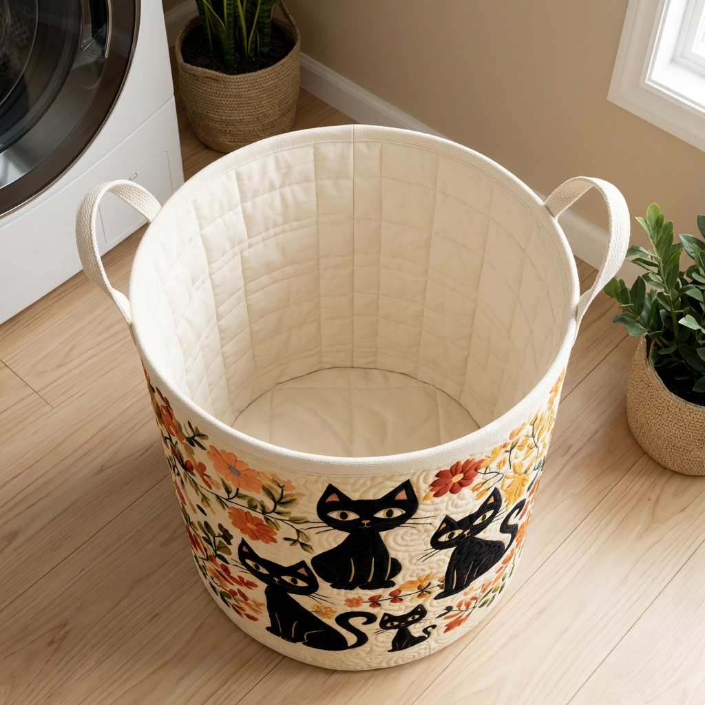 Panier à linge matelassé Chats en fleurs, vide, avec sa doublure matelassée crème