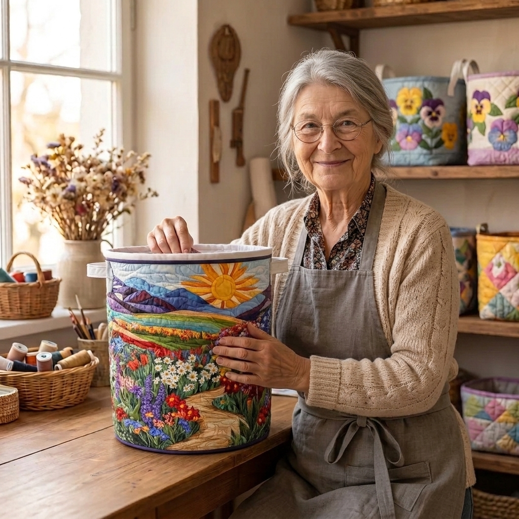 Lien met de gewatteerde wasmand Weidelied in haar naaiatelier