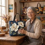 Lien met de Zachte Magnolia Gewatteerde Draagtas in haar atelier