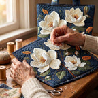 Zachte Magnolia Gewatteerde Draagtas – wordt met de hand gequilt aan de ateliertafel