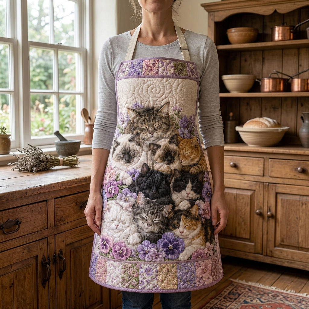 Gewatteerd keukenschort Bloemenmaatjes gedragen in de keuken