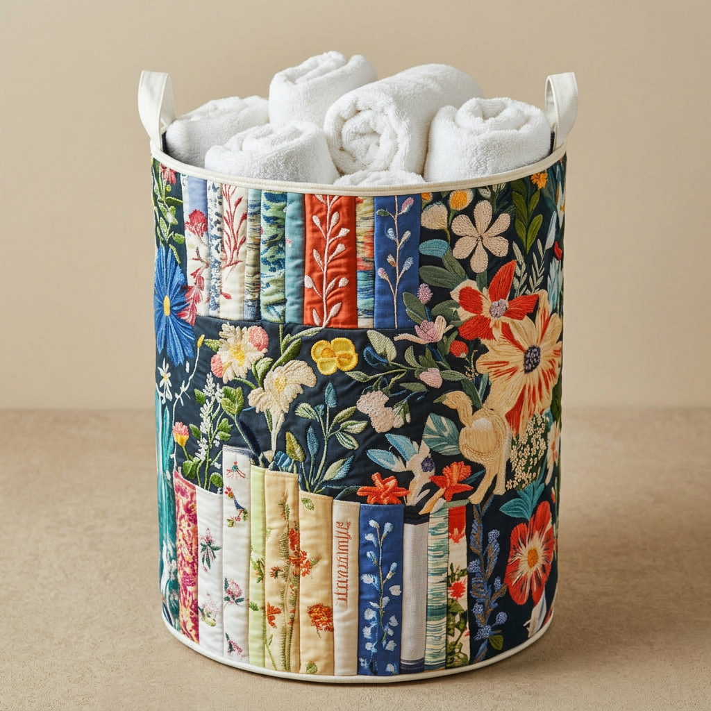 Gewatteerde wasmand Verhalen in bloei gevuld met opgerolde witte handdoeken