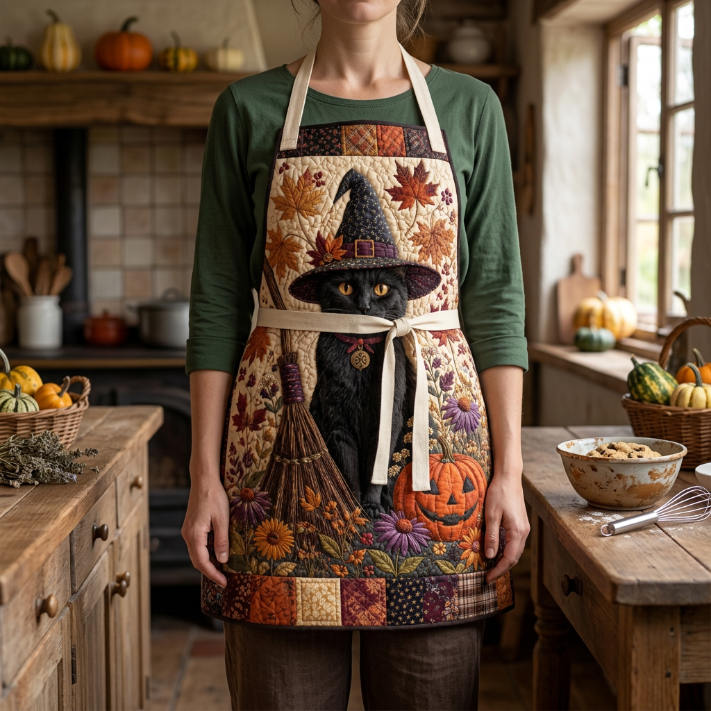 Gewatteerd keukenschort Herfstvertrouwd gedragen in de keuken