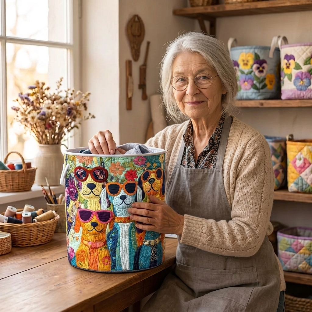Lien met de gewatteerde wasmand Vrolijke honden in haar naaiatelier