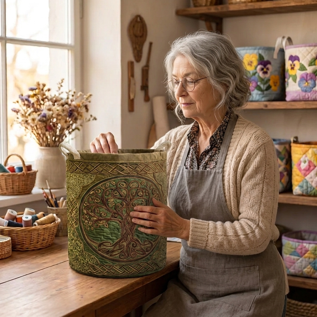 Lien avec le panier à linge matelassé Racines dorées dans son atelier de couture