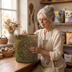 Lien avec le panier à linge matelassé Racines dorées dans son atelier de couture