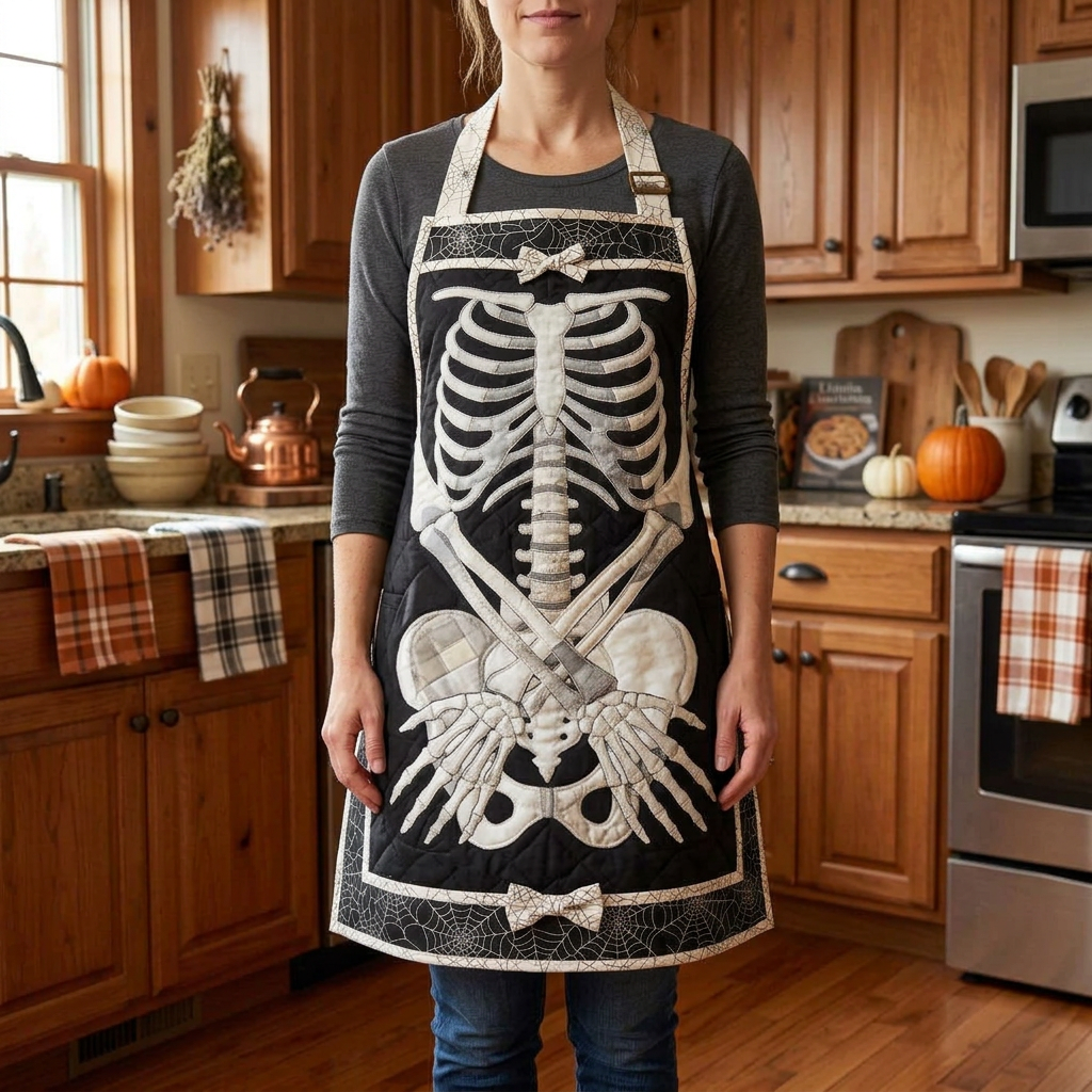 Gewatteerd keukenschort Skeletboeket gedragen in de keuken