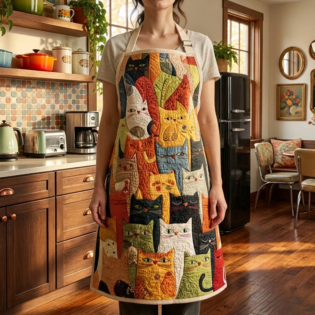 Tablier de cuisine matelassé Moustaches de Tout Cœur porté dans la cuisine