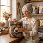Lien met de gewatteerde wasmand Berensporen in haar naaiatelier