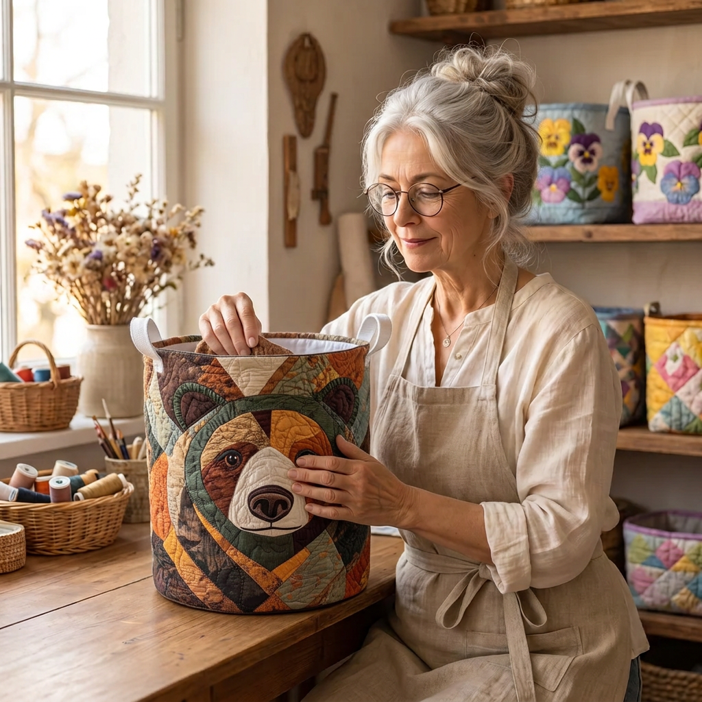 Lien met de gewatteerde wasmand Berensporen in haar naaiatelier