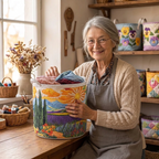 Lien met de gewatteerde wasmand Stralende weide in haar naaiatelier