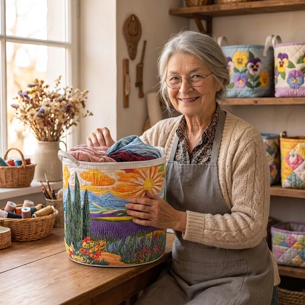 Lien met de gewatteerde wasmand Stralende weide in haar naaiatelier