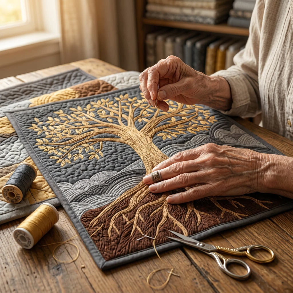 Close-up van handen die het motief Oud woud quilten