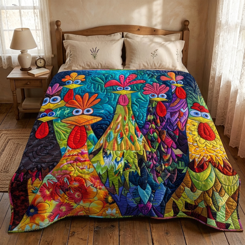 Gewatteerde bedsprei Grappige Kippen op een bed in een gezellige slaapkamer