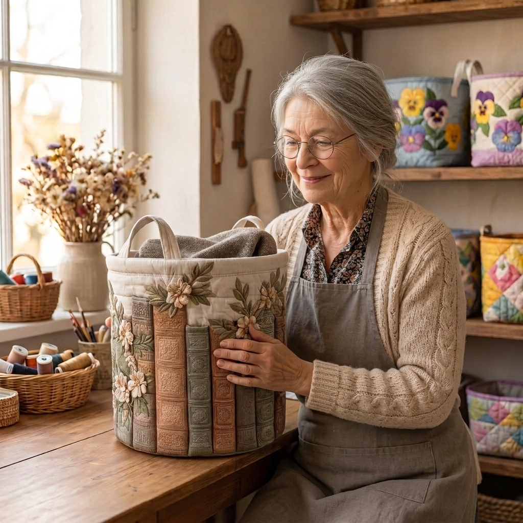 Lien avec le panier à linge matelassé Chronique fleurie dans son atelier de couture