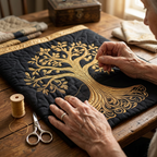 Close-up van handen die het motief Wortels van goud quilten