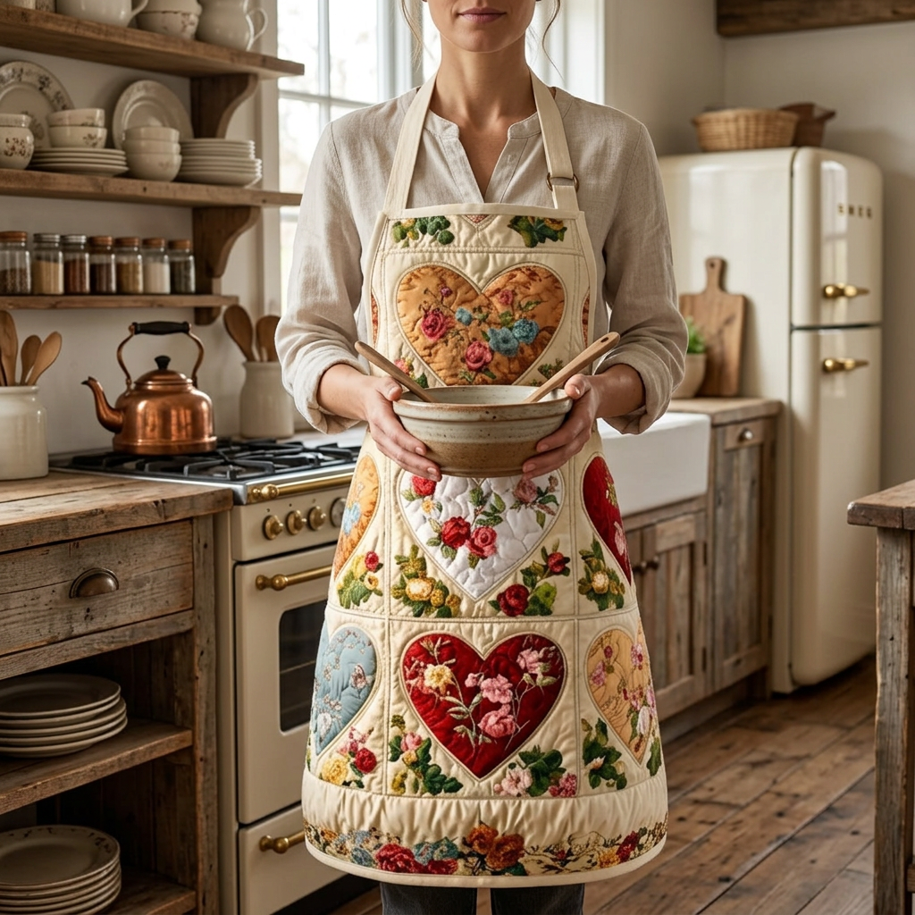 Gewatteerd keukenschort Een Huis Vol Harten gedragen in de keuken