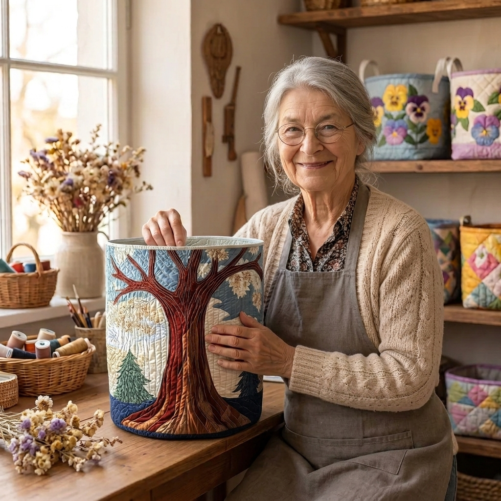 Lien avec le panier à linge matelassé Lumière enracinée dans son atelier de couture