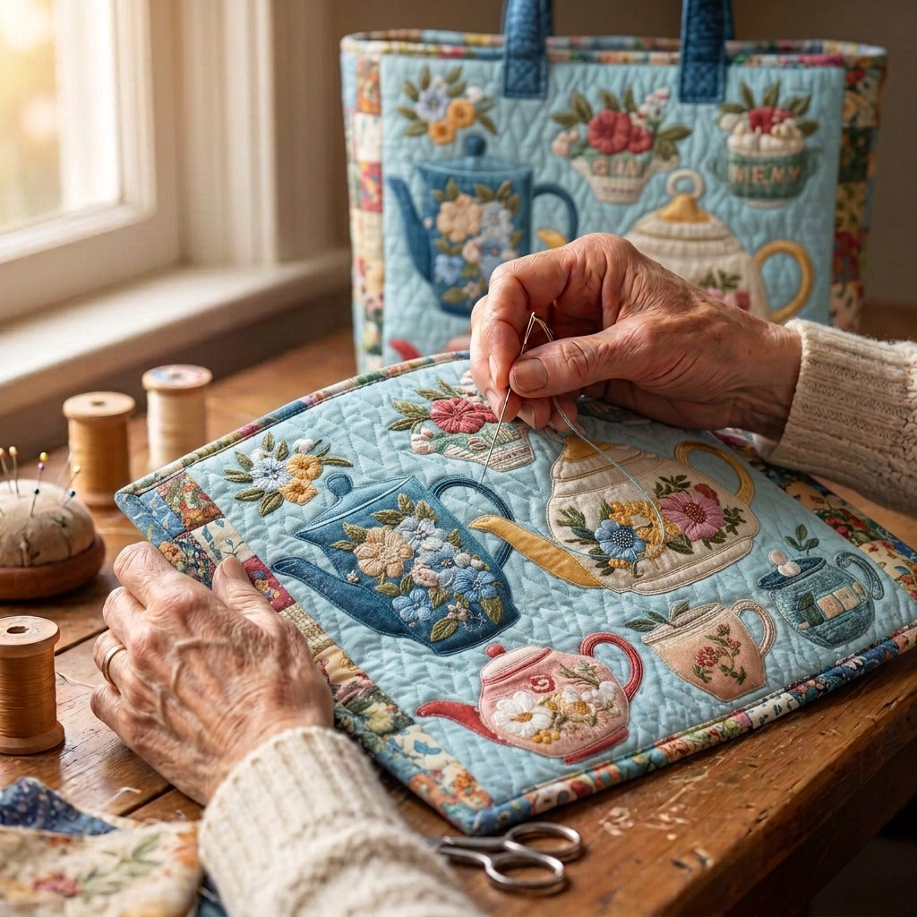 Bloeiende Weide Gewatteerde Draagtas – wordt met de hand gequilt aan de ateliertafel