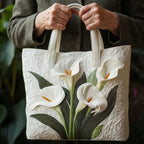 Witte Melkbeker gewatteerde tote bag in de hand