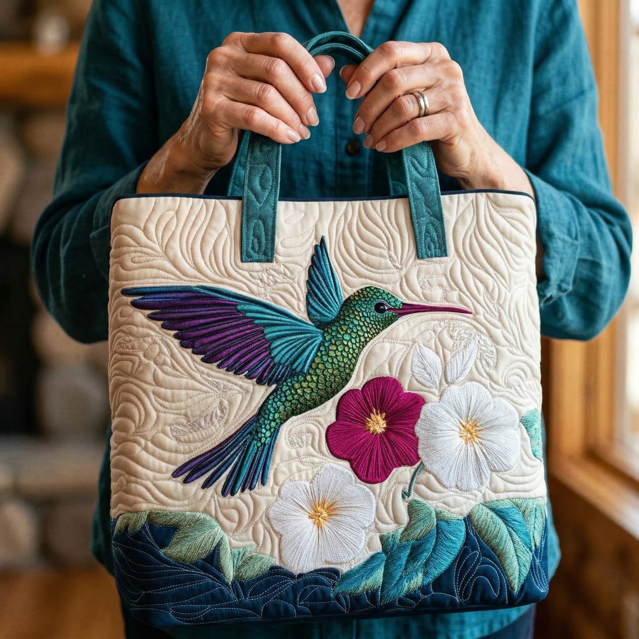 Quilted Tote Bag White Flower