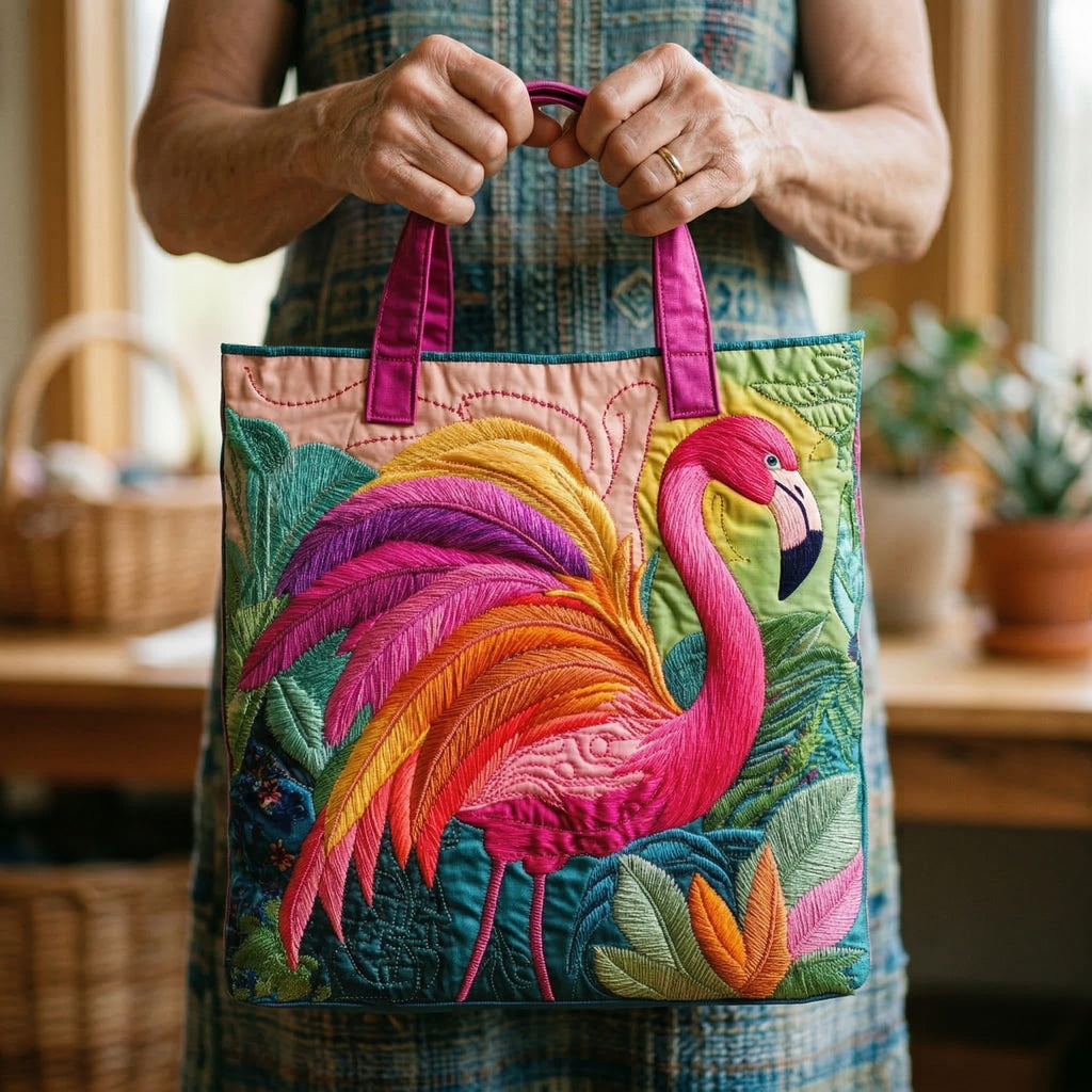 Quilted Rainbow Flamingo Tote Bag