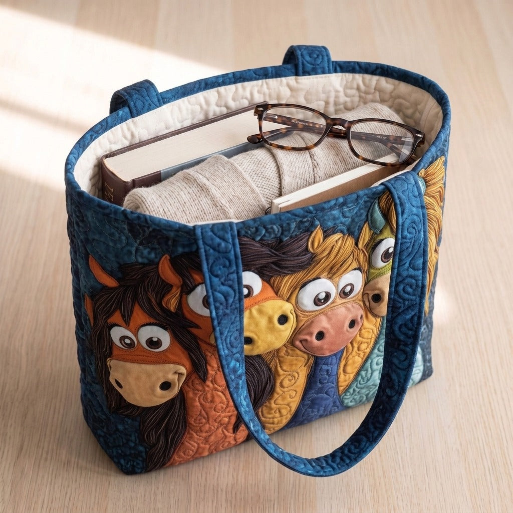 Weidepony Handgemaakte Tas – draagtas gevuld met een boek, vest en bril